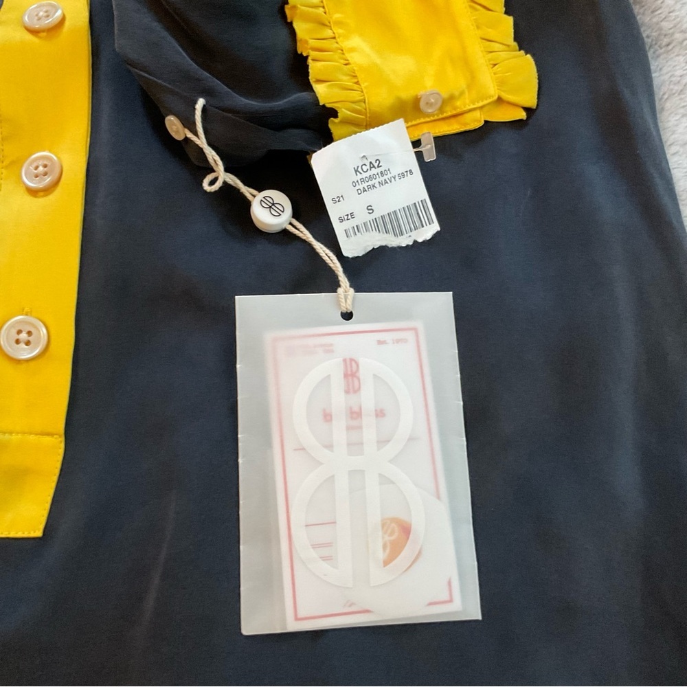 NWT Bill Blass 100% Silk Navy Shift Dress w/ Yellow Ruffle Collar – Size S - Picture 11 of 16
